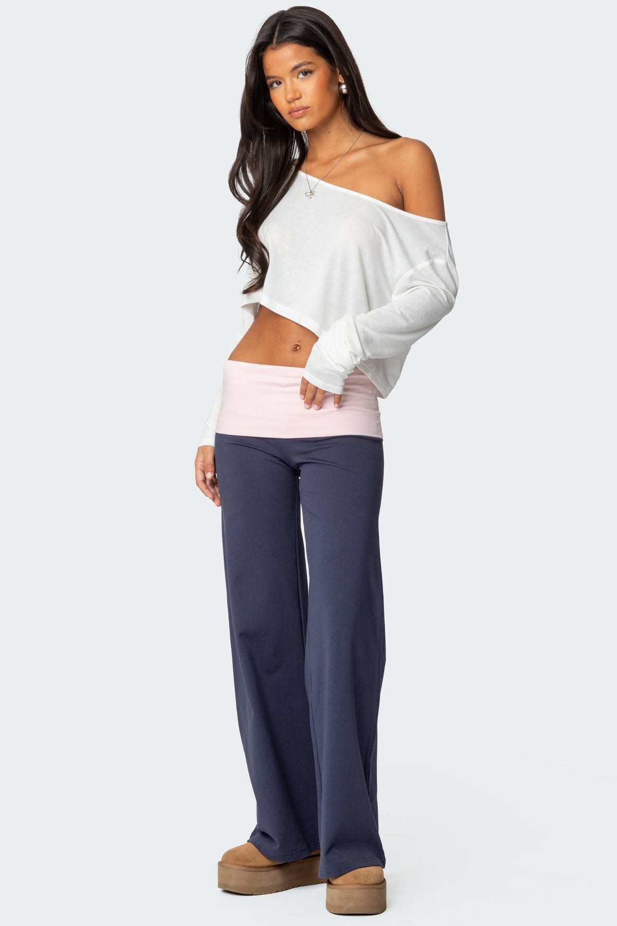 Wide Leg Contrast Fold Over Trousers