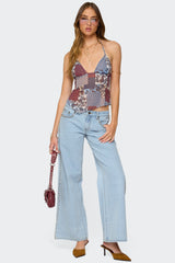 Mixed Patchwork Backless Halter Top
