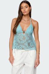 Sheer Crochet Babydoll Halter Top