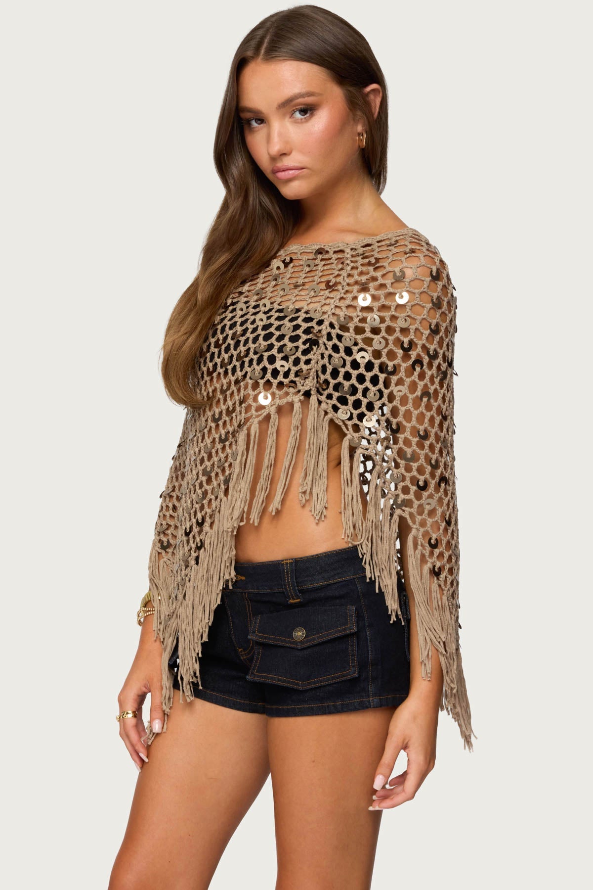 Fringe Sequin Crochet Poncho