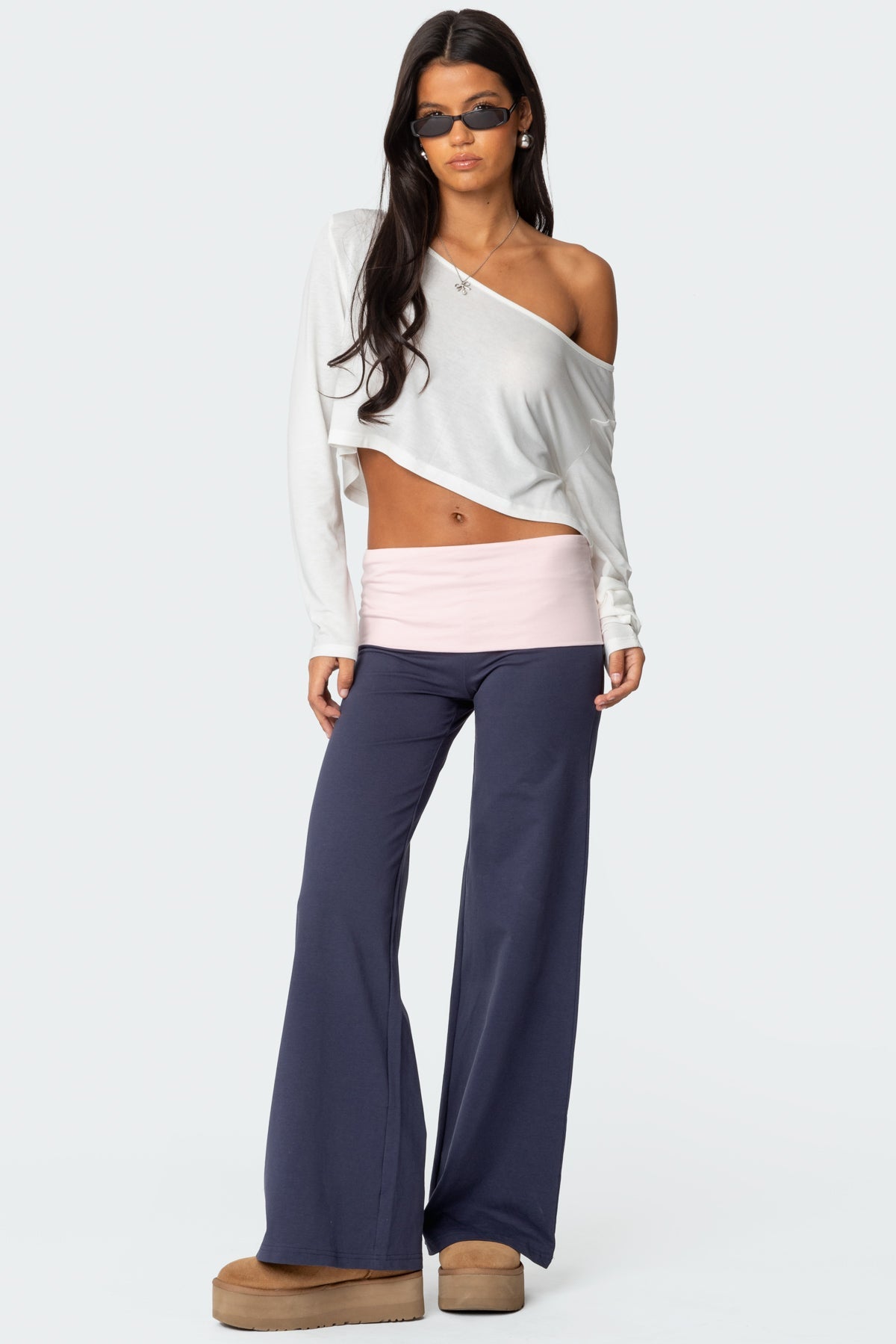 Wide Leg Contrast Fold Over Trousers