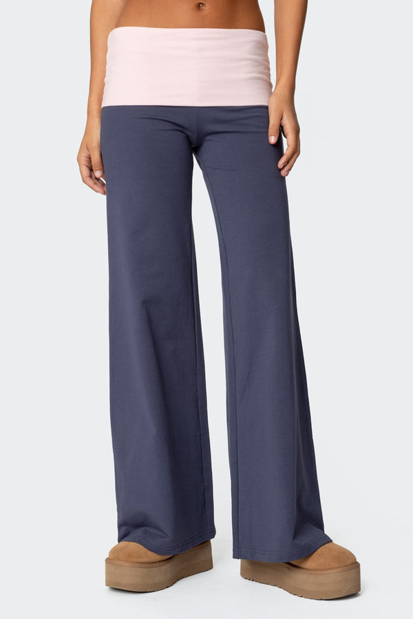 Wide Leg Contrast Fold Over Trousers