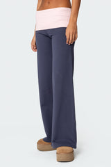 Wide Leg Contrast Fold Over Trousers