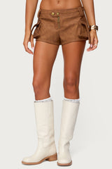 Washed Faux Leather Micro Cargo Shorts