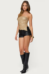 Sequin Asymmetric Slit Strapless Top
